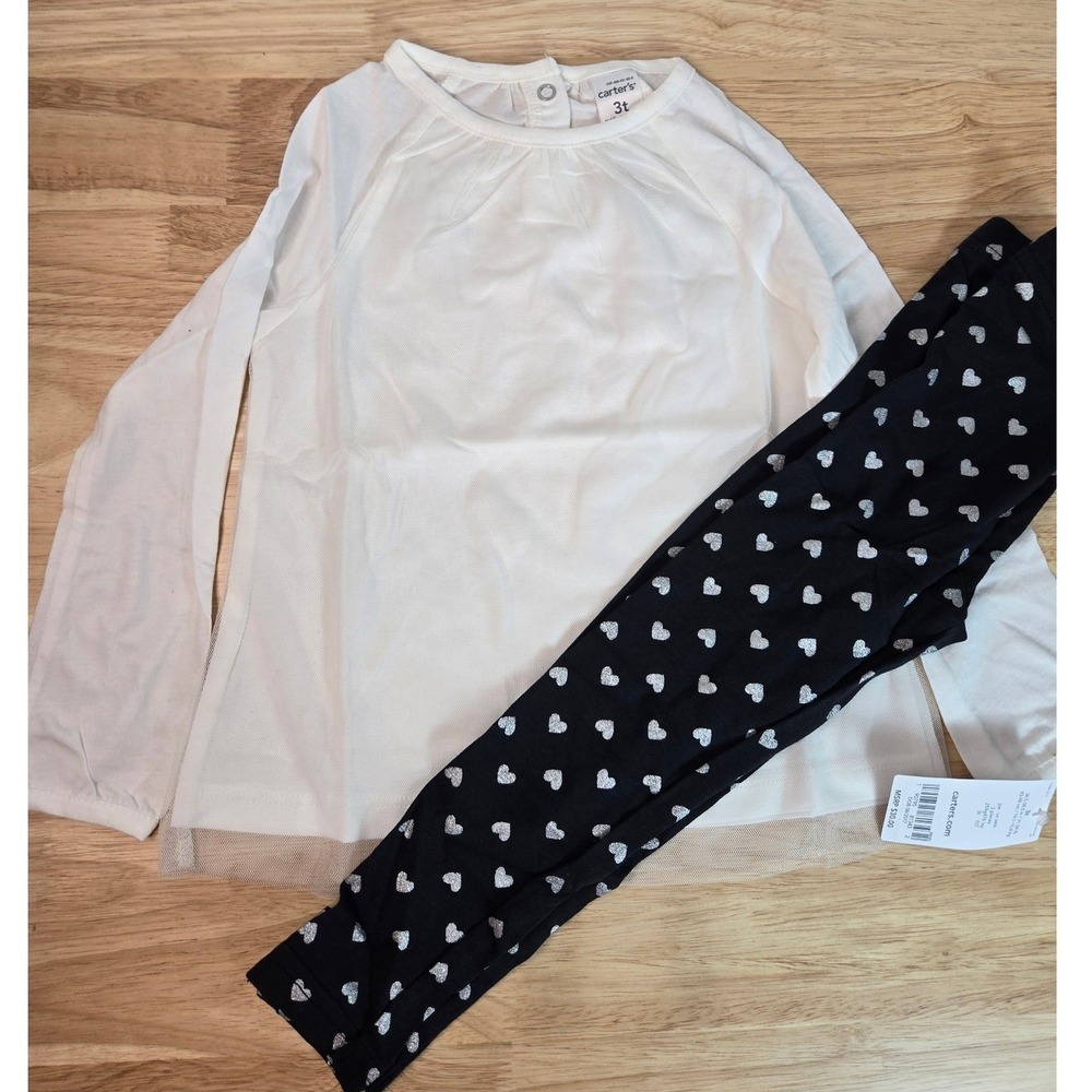 Carters 3T Girls 2pc Set White Mesh Top and Black Silver Glitter Heart Leggings